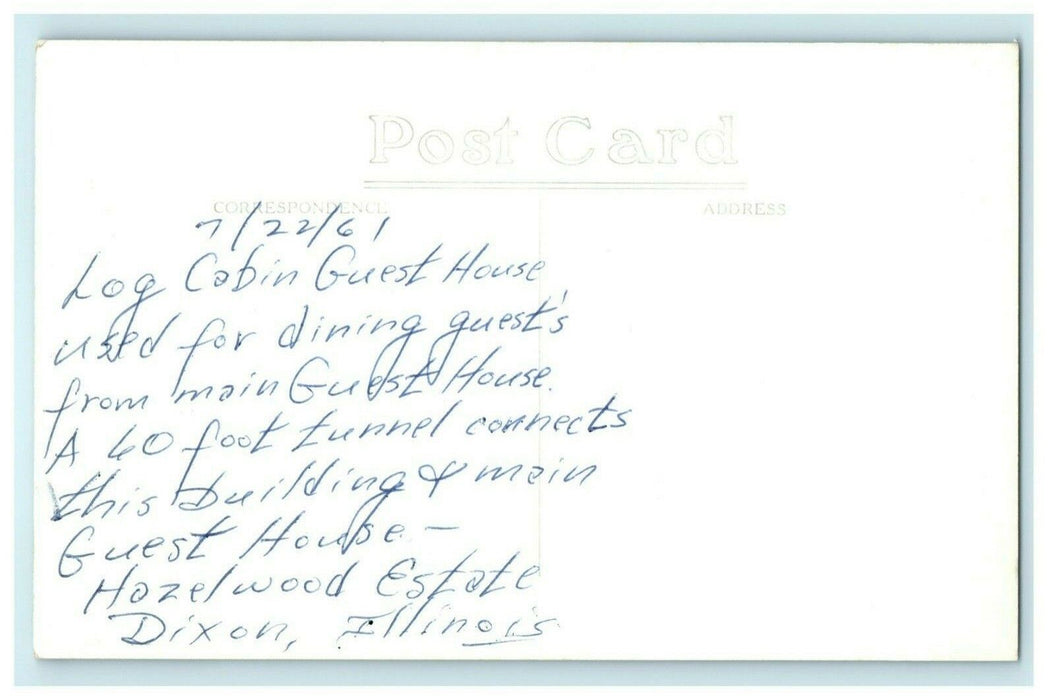 Hazelwood Log Cabin Guest House Dixon Illinois 1961 RPPC Photo Antique Postcard