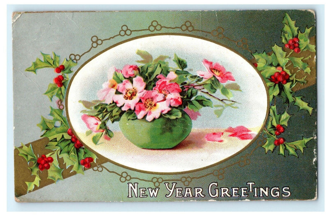 Winsch Back Flowers New Year's c1910 Embossed Vintage Antique Postcard