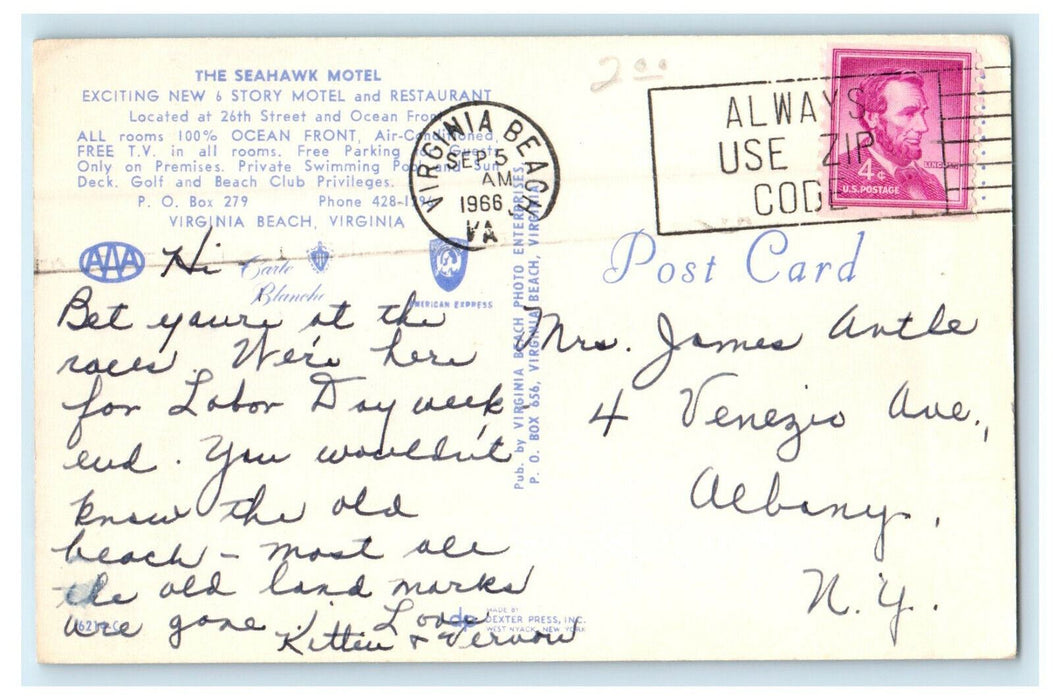 1966 The Seahawk Motel, Virginia Beach, Virginia VA Posted Cancel Postcard