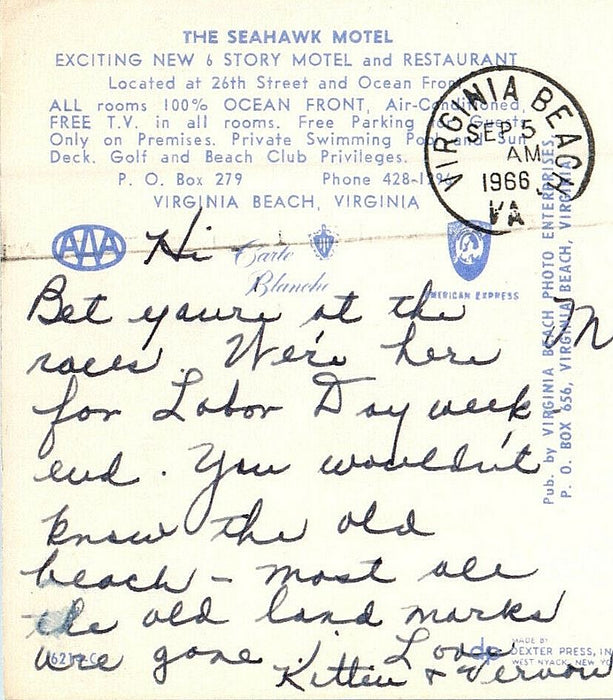 1966 The Seahawk Motel, Virginia Beach, Virginia VA Posted Cancel Postcard