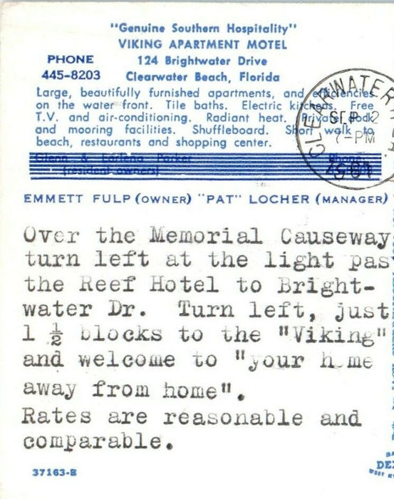 1961 Viking Apartment Motel Waterfront Clearwater Beach Florida FL Postcard