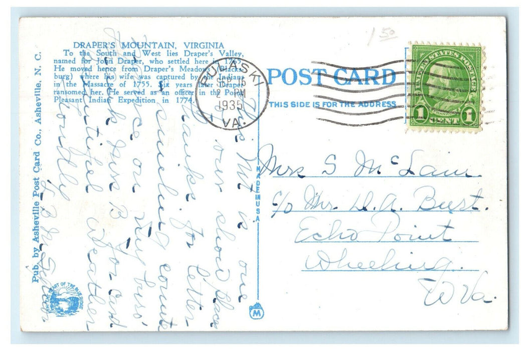 1935 US Highway No. 11 on Drapers Mountain Pulaski Virginia VA Posted Postcard