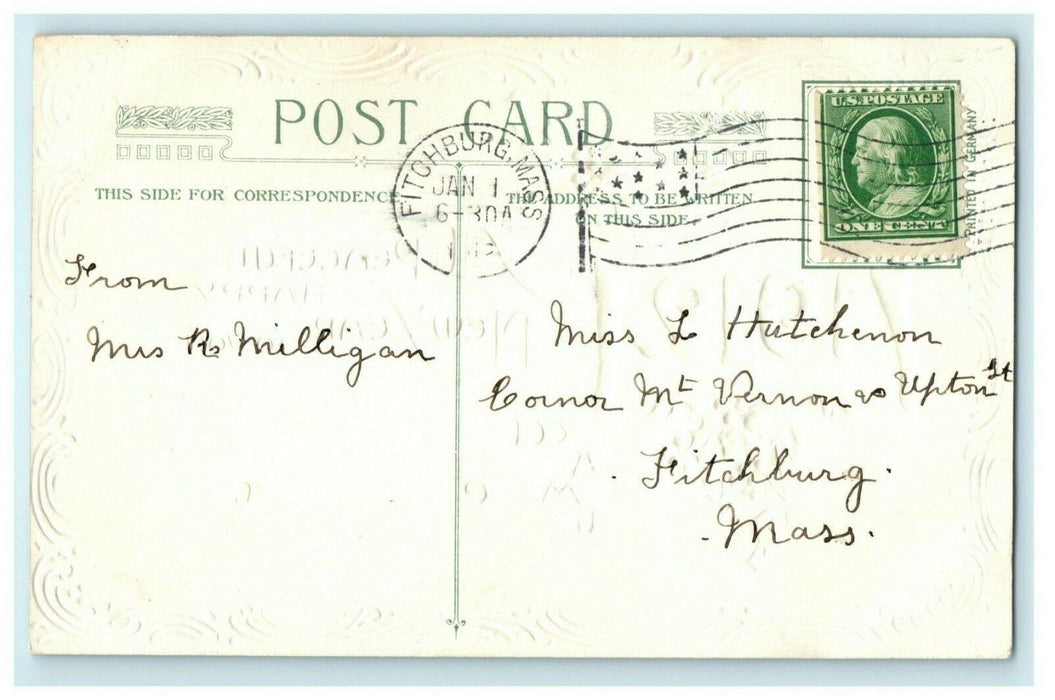 John Winsch New Year 1912 Fitchburg Massachusetts Embossed Antique Postcard