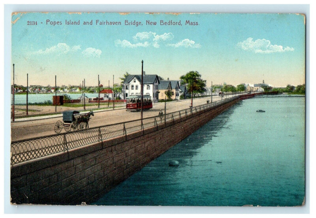 1915 Popes Island and Fairhaven Bridge, New Bedford, Massachusetts MA Postcard