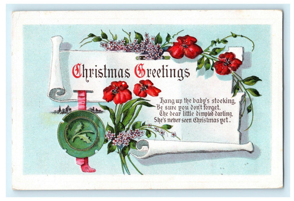 John Winsch Christmas Flowers Holly Embossed c1910 Vintage Antique Postcard