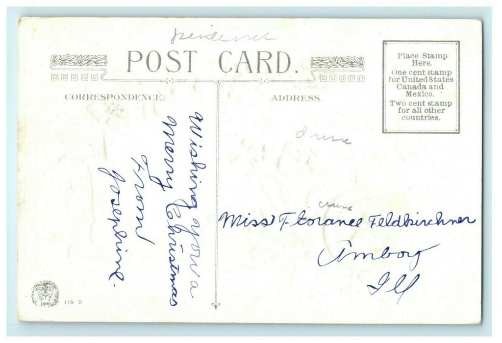 John Winsch Christmas Flowers Holly Embossed c1910 Vintage Antique Postcard