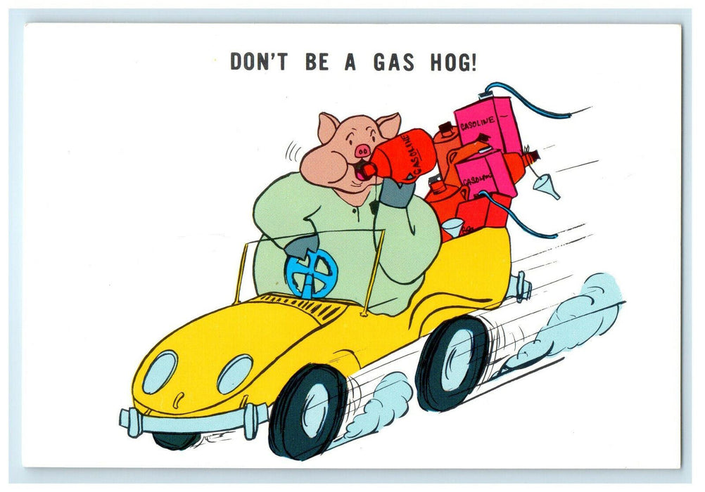 c1950s "Don't Be a Gas Hog" Pig Comic Funny Humor Electric Car Postcard