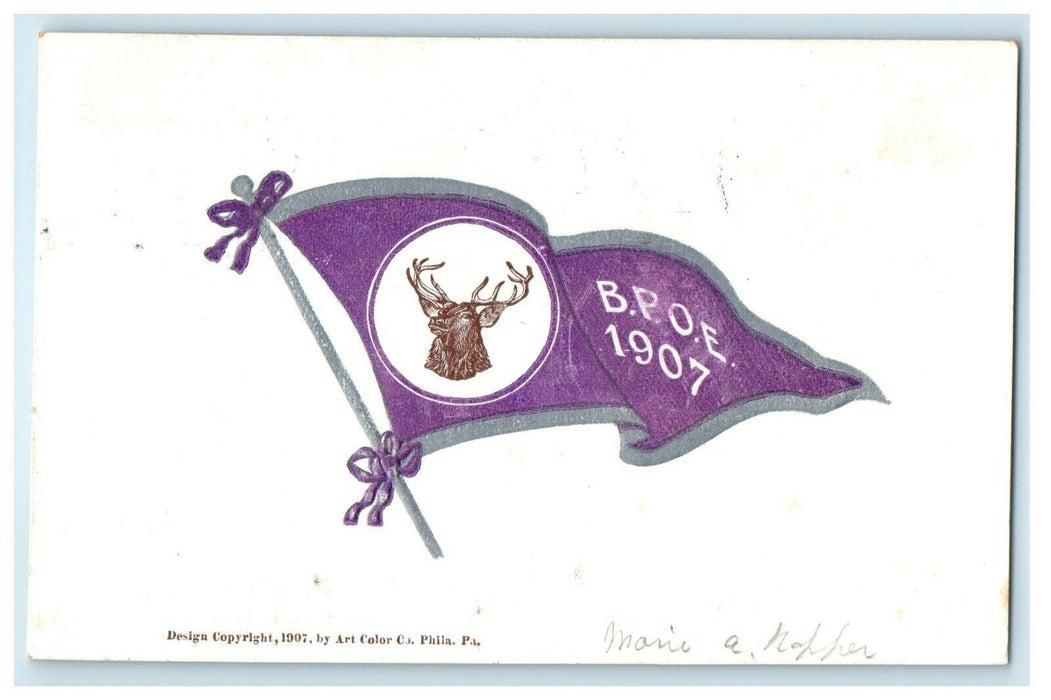 1907 B.P.O.E Pennant Art Color Co. Order of Elks Fraternity Flag Postcard