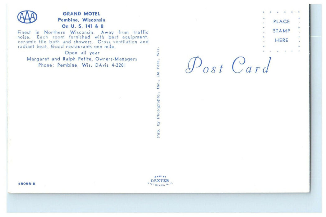 c1960 Grand Motel, Pembine Wisconsin WI Advertising Unposted Postcard
