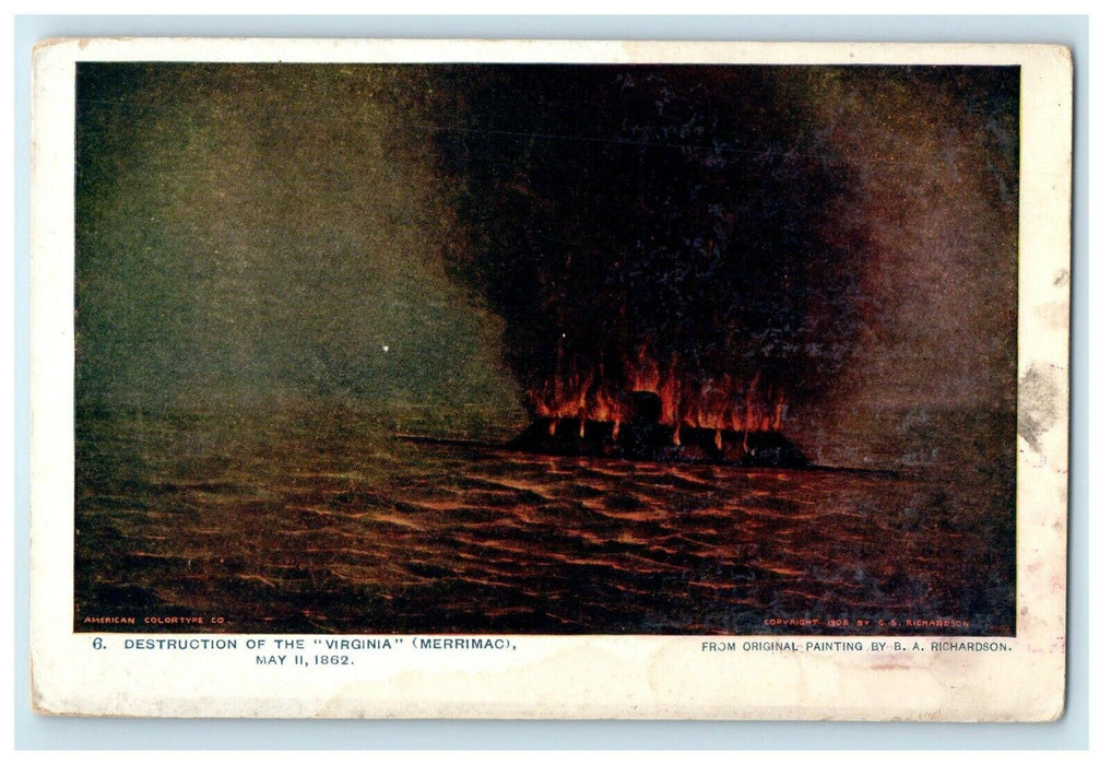 c1910's Destruction Of The Virginia Merrimac Fire Advertising Postcard