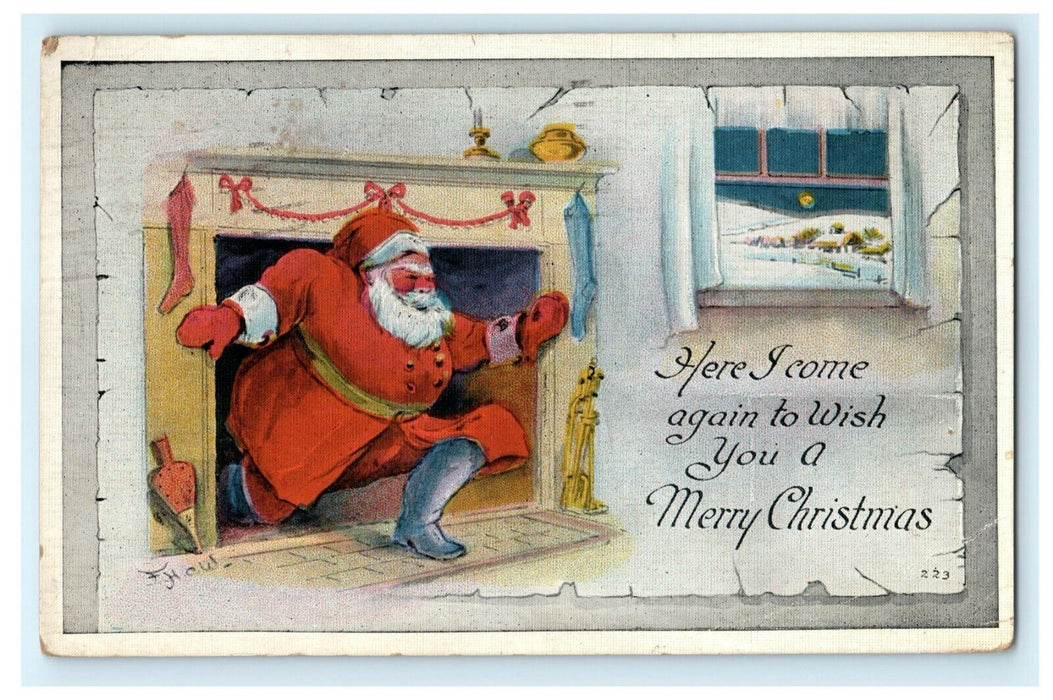 Christmas Santa Down Chimney Moline Illinois 1921 Fireplace Antique Postcard
