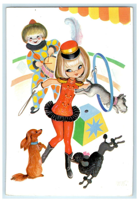 c1950s Circus Show, Animal Doing Tricks and A Clown Drumming Postcard
