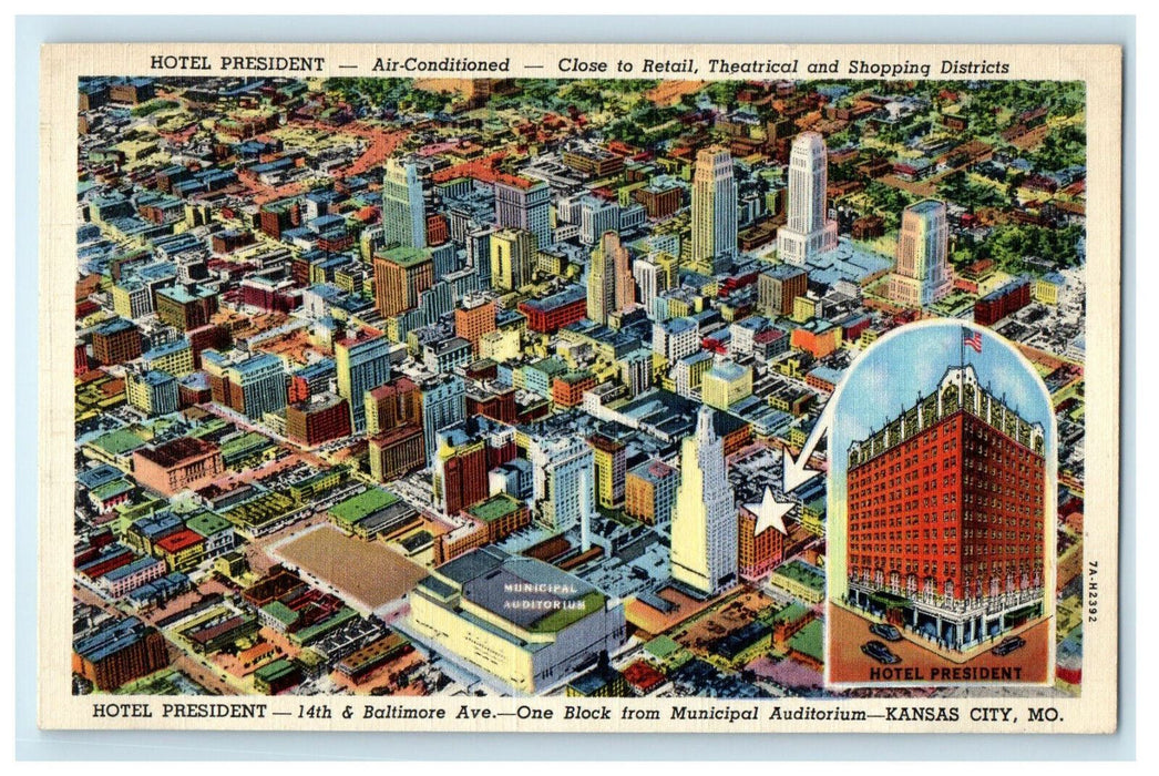 c1940s Hotel President 14th and Baltimore Ave, Kansas City Missouri MO Postcard