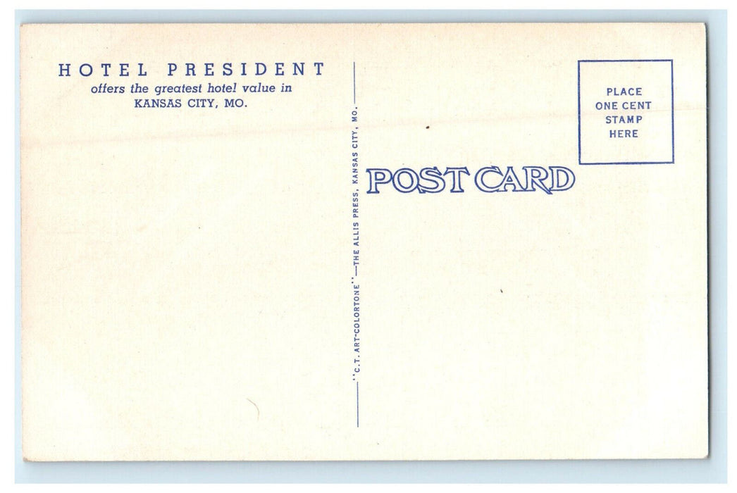 c1940s Hotel President 14th and Baltimore Ave, Kansas City Missouri MO Postcard