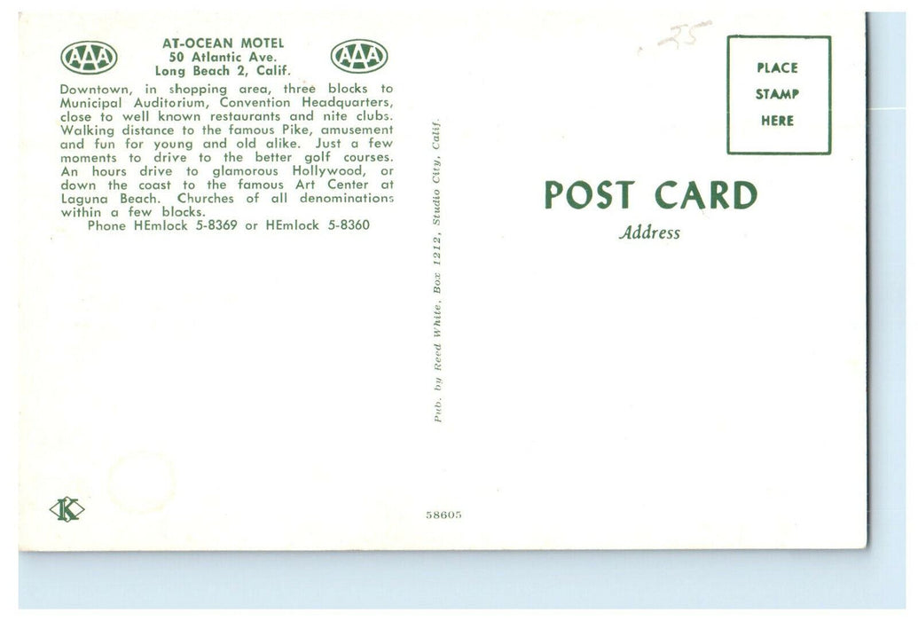c1950 At-Ocean Motel, Long Beach 2 California CA Advertising Postcard