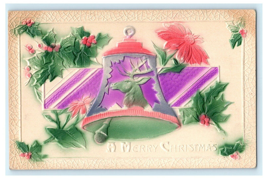 Christmas Bell Embossed Oakdale Illinois Airbrush c1910 Vintage Antique Postcard