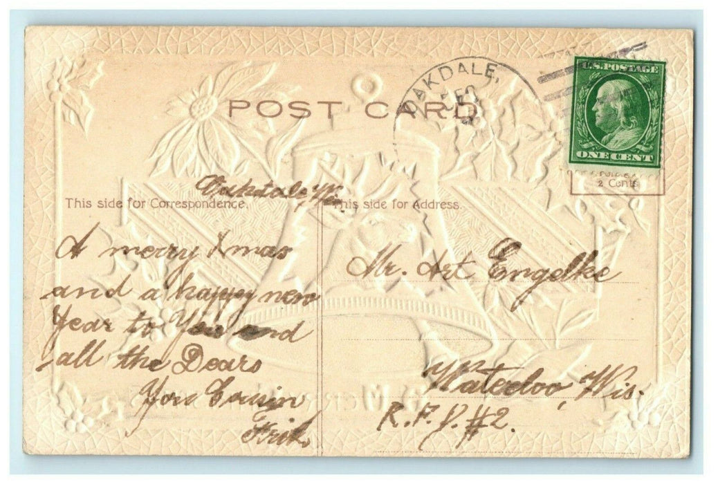 Christmas Bell Embossed Oakdale Illinois Airbrush c1910 Vintage Antique Postcard