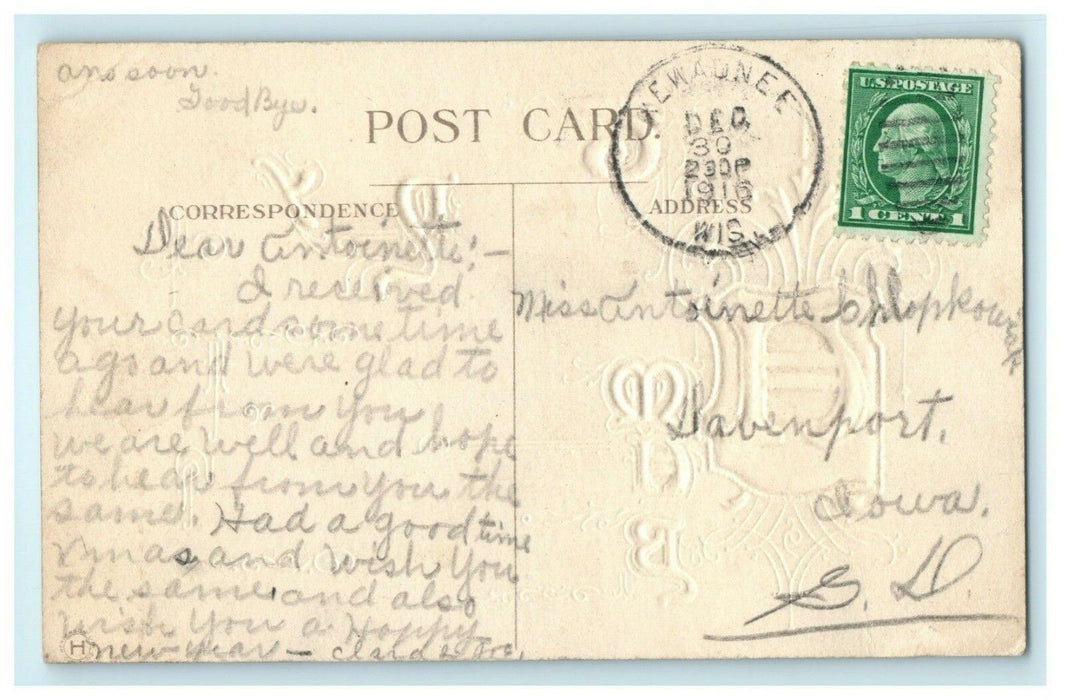 New Year Embossed Kewaunee Wisconsin 1910 Vintage Antique Postcard