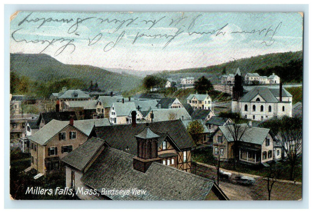 1908 Birds Eye View of Miller's Falls, Milford, Massachusetts MA Postcard