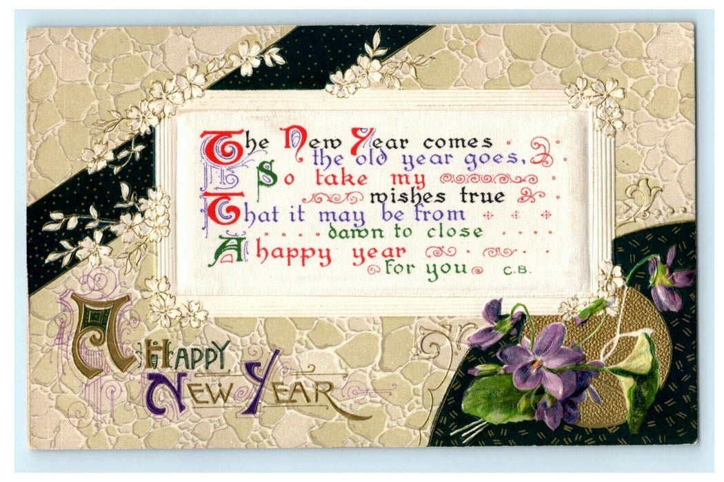 John Winsch New Year Flower Embossed Felt Germany c1910 Vintage Antique Postcard