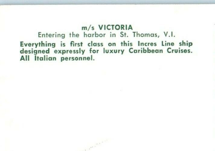 M/S Victoria Cruise Ship Entering Harbor Sto. Thomas Virgin Islands VI Postcard