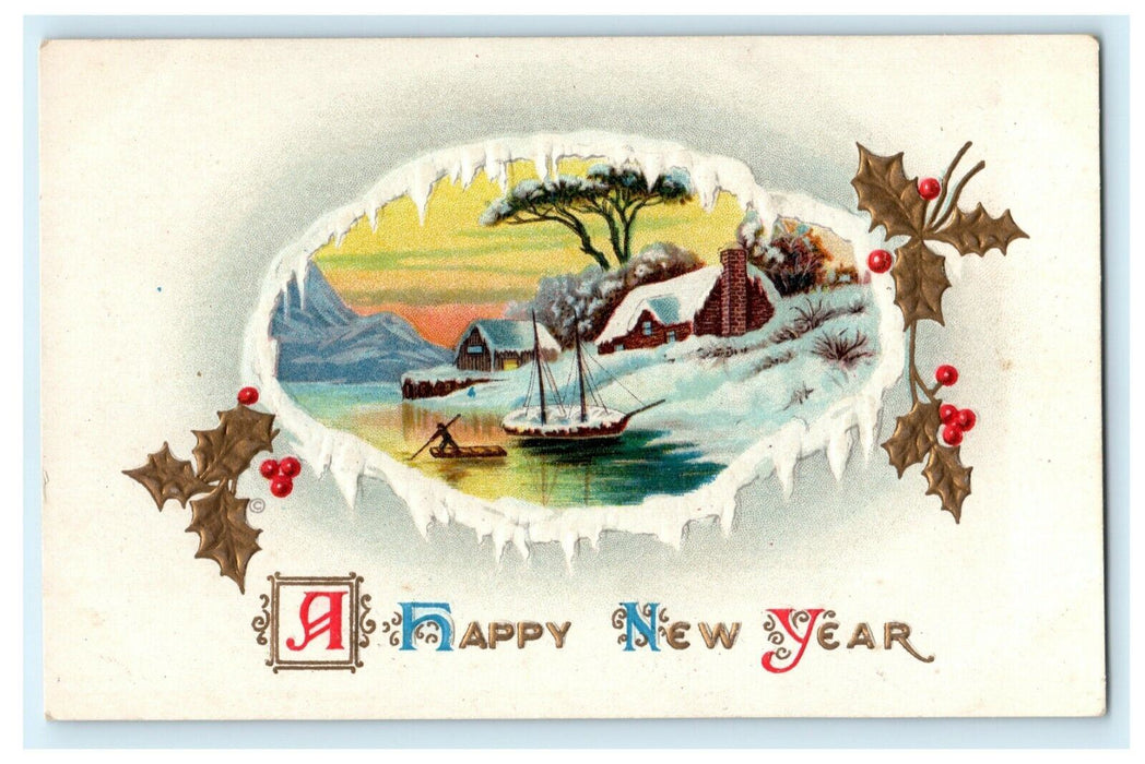 New Year JJ Marks 1913 Gold Embossed Sailboat Cottage Vintage Antique Postcard