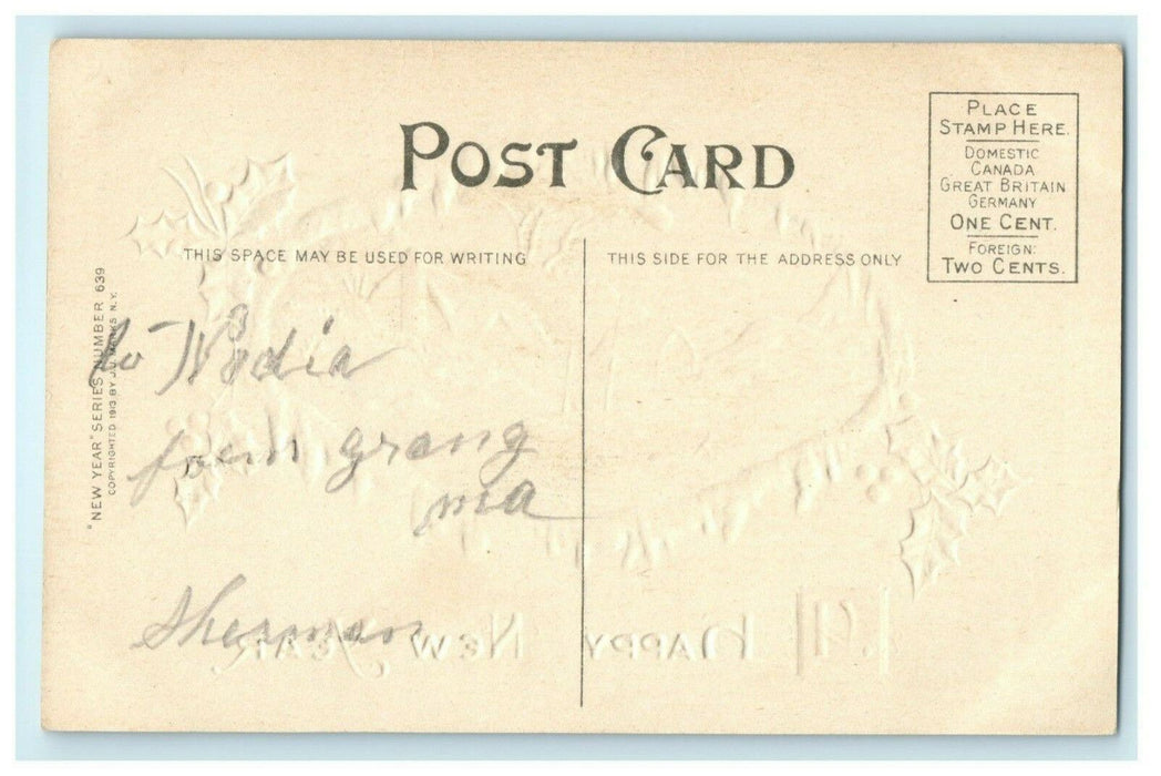 New Year JJ Marks 1913 Gold Embossed Sailboat Cottage Vintage Antique Postcard