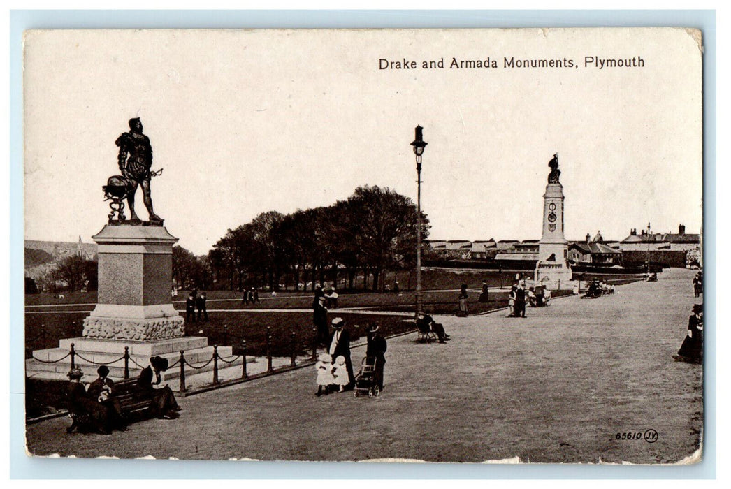 c1910s Drake and Armada Monuments, Plymouth, England EN Unposted Postcard