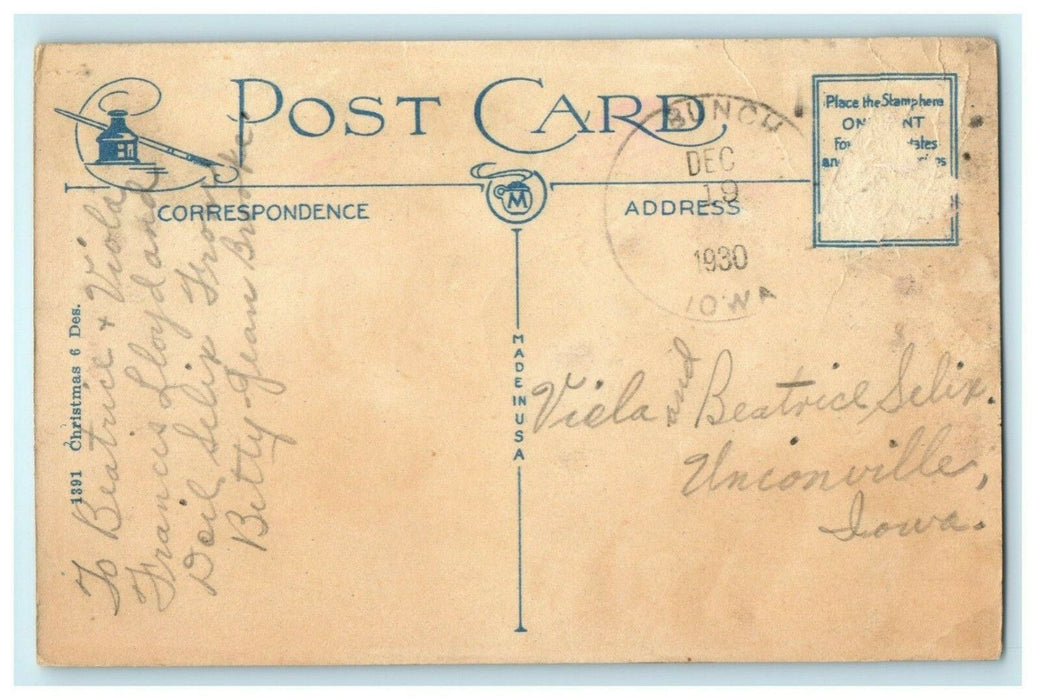 Christmas Santa Claus Girl 1930 Bunch Iowa Vintage Antique Postcard