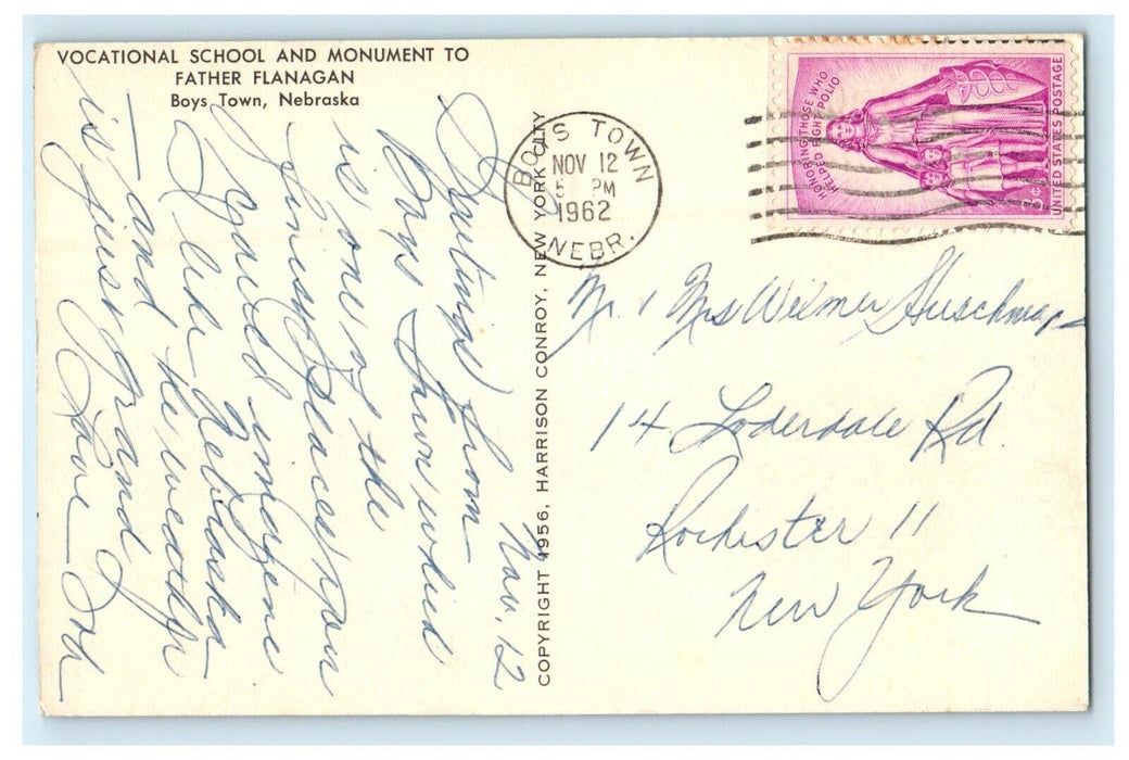 1962 Vocational School And Monument To Father Flanagan Boys Town NE Postcard