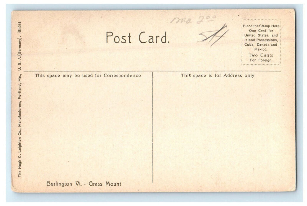 c1910s Tree View and Grass Mount, Burlington Vermont Unposted Antique Postcard