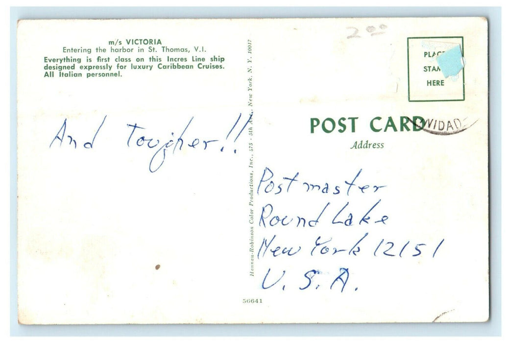 M/S Victoria Caribbean Cruise Ship Entering Harbor Sto. Thomas VI Postcard