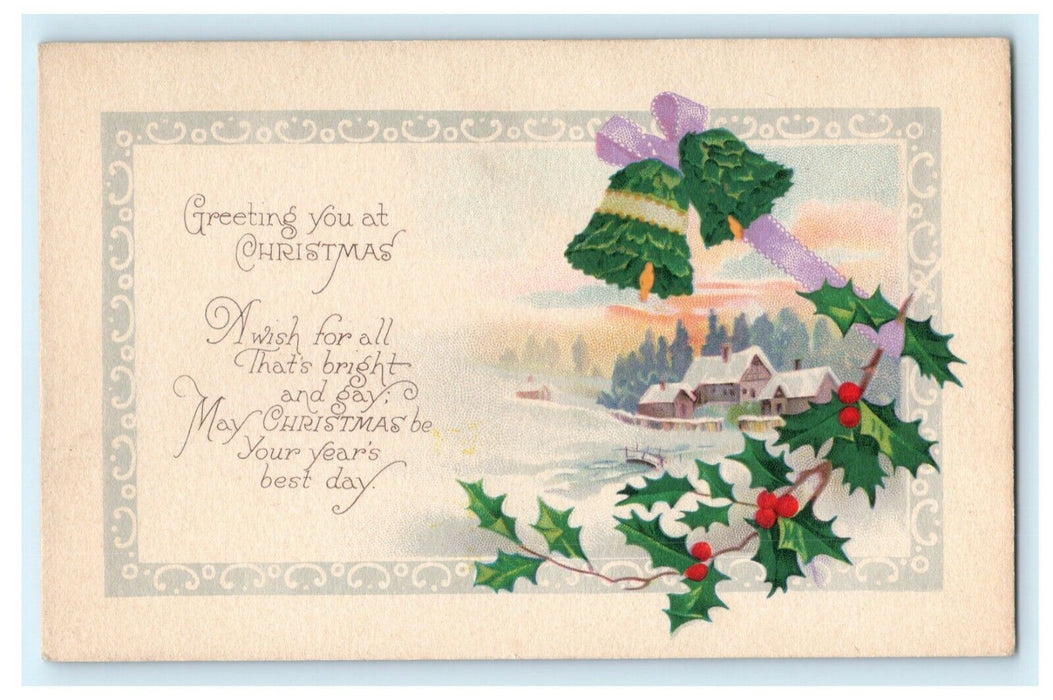 Christmas Bells Holly Cottage c1910 Vintage Antique Postcard