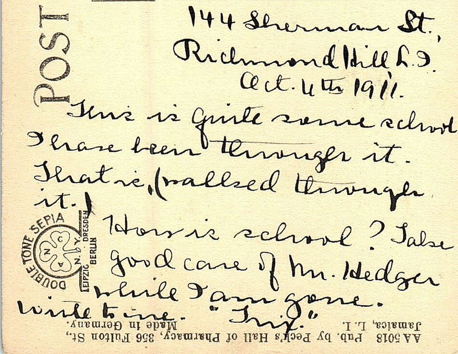 1911 High School View, Jamaica Long Island LI Posted Antique Postcard