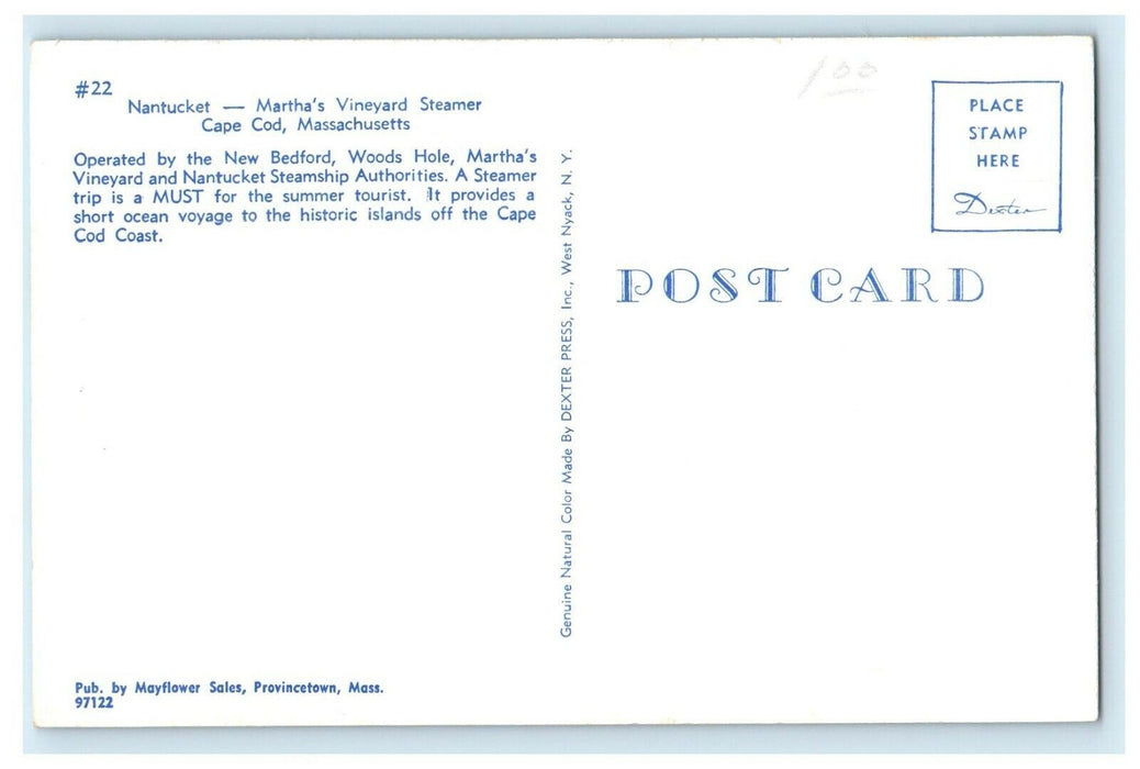 Nantucket Martha's Vineyard Steamer Ship Cape Cod Massachusetts MA Postcard