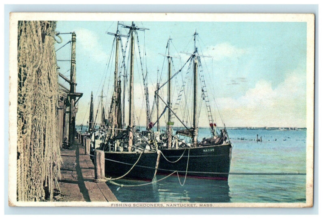 1936 Fishing Schooners Boats Dock Nantucket Massachusetts MA Vintage Postcard