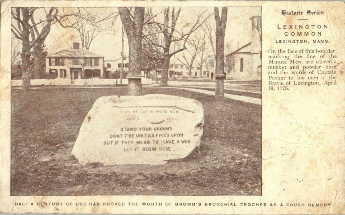 1911 Boulder Rock, Lexington Common, Lexington Massachusetts MA Postcard
