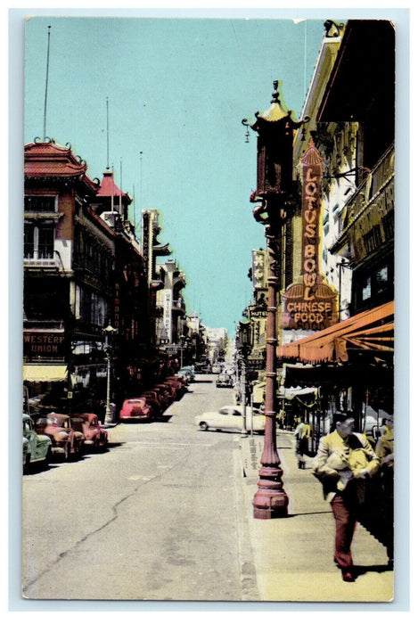 San Francisco CA, View Of Chinatown Lotus Bowl Chinese Food Sign Cars Postcard