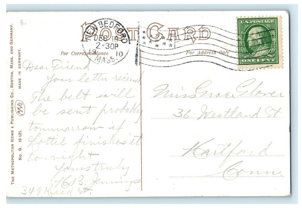 1910 Quaint Street and Johney Cake Hill, New Bedford, Massachusetts MA Postcard