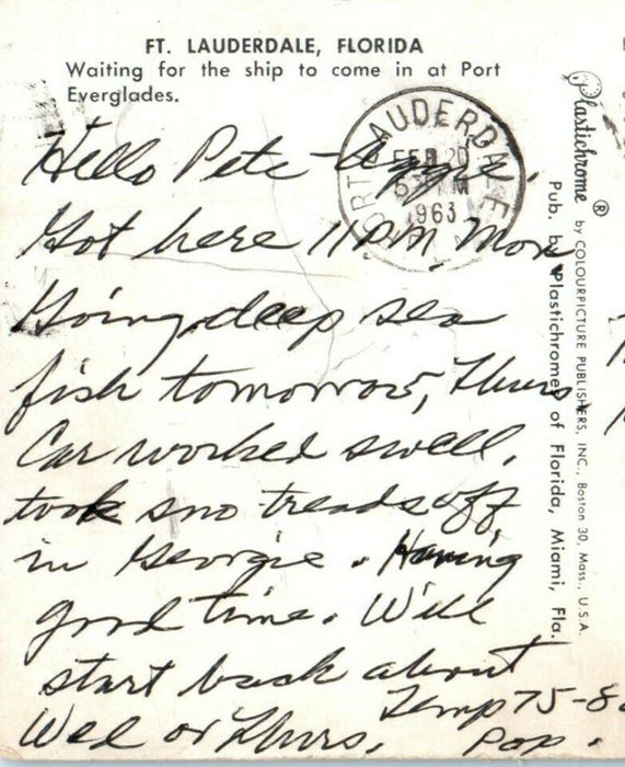 1963 Waiting For The Ship At Port Everglades Ft. Lauderdale Florida FL Postcard