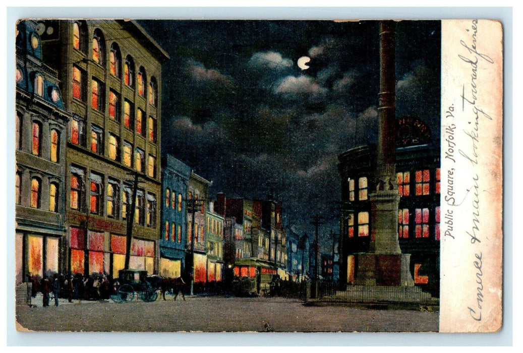 1907 Public Square, Norfolk Virginia VA Posted Antique Night Moon Postcard