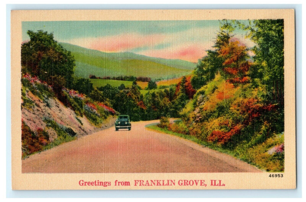 Greetings From Franklin Grove Illinois Old Car c1940's Vintage Antique Postcard