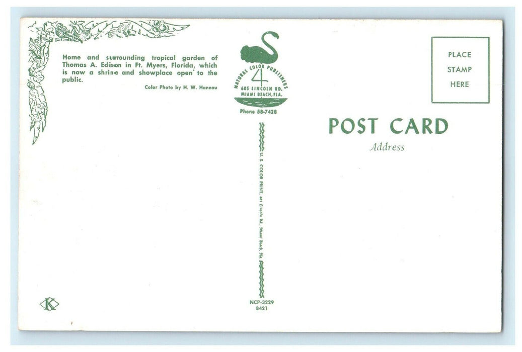 c1960's Home And Tropical Garden Of Thomas A. Edison Ft. Myers Florida Postcard