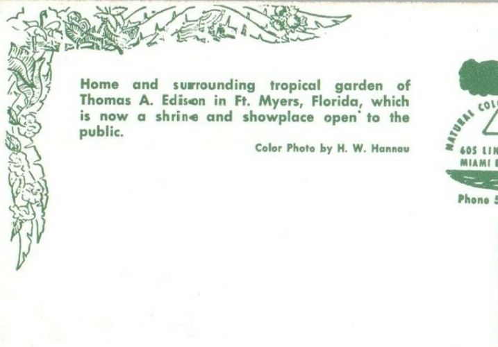c1960's Home And Tropical Garden Of Thomas A. Edison Ft. Myers Florida Postcard