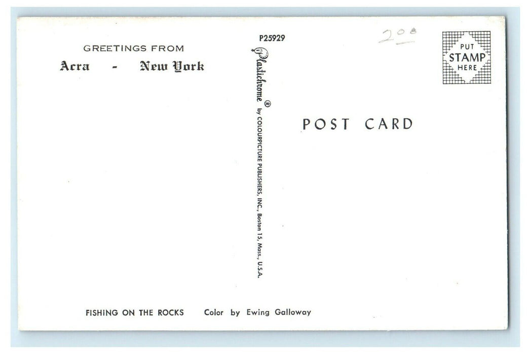 Greetings From Acra New York NY Man Fishing On The Rocks Postcard