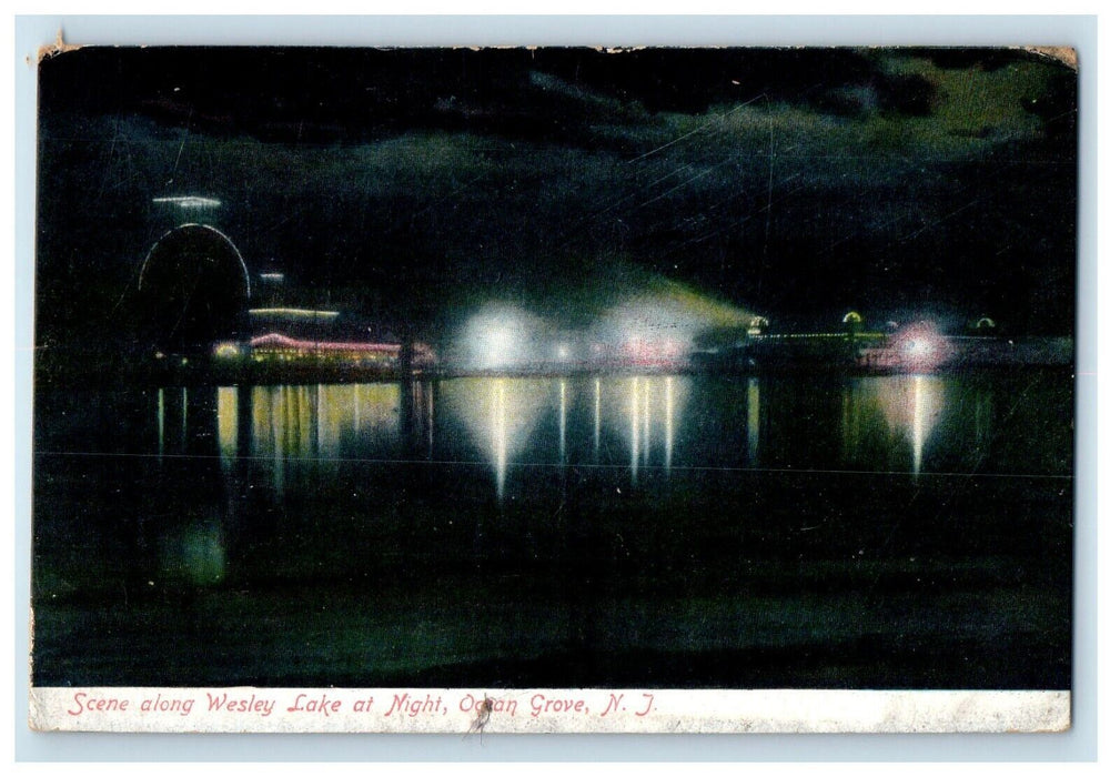 1909 Scene Along Wesley Lake At Night Ocean Grove New Jersey NJ Antique Postcard