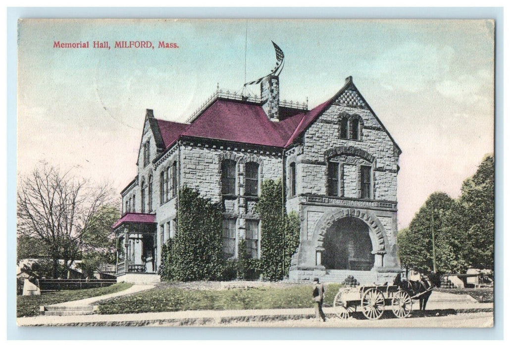 1908 Memorial Hall, Milford, Massachusetts MA Antique Postcard