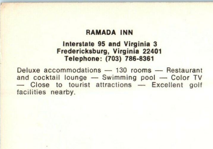 Fredericksburg Virginia VA, Ramada Inn Restaurant And Cocktail Lounge Postcard