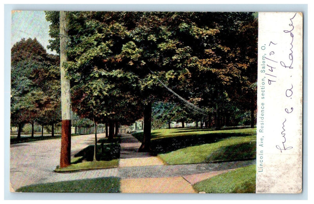 1907 Lincoln Avenue Residence Section Salem Ohio OH Antique Postcard