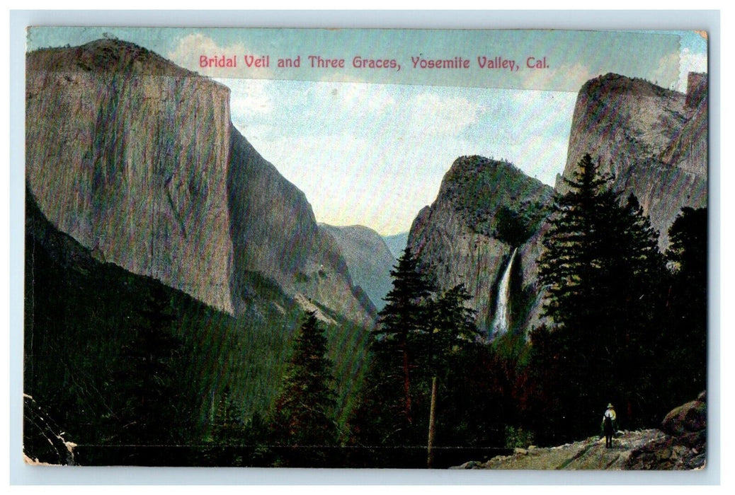 1910 Bridal Veil And Three Graces Yosemite Valley California CA Antique Postcard